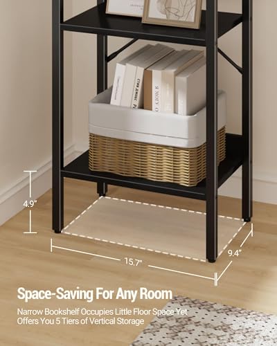 Hzuaneri Bookshelf, Book Shelf, Industrial Bookcase with 2 Hooks - color: Black, size: 9.4"D x 15.7"W x 63"H