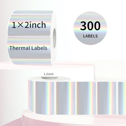 2x1 Inch Holographic Thermal Labels, Silver Glitter Thermal Printer Stickers, Waterproof Self-Adhesive Shipping Label Printer Sticker for Barcode, Name, Address, 300 Labels/Roll - color: Silver, size: 1*2 inch/1 roll