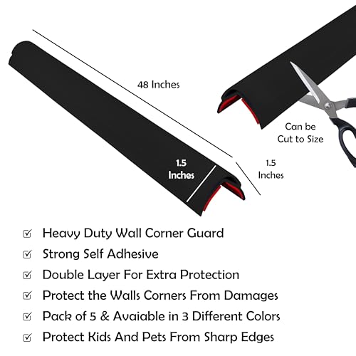 Rubber Bond Wall Corner Guard Edge Protector, 48 inch Heavy Duty Baby Proofing Corner Guards | Self-Adhesive Furniture Edge Strips for Home & Office (5, Black)