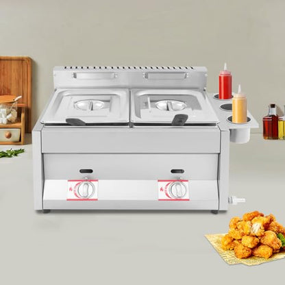 Commercial Gas Deep Fryer, 12L Stainless Steel Dual Tank Kitchen Frying Machine, Countertop Gas Deep Fryer with Basket & Lid, Double Frying Machine for Chicken Wings French Fries Restaurants