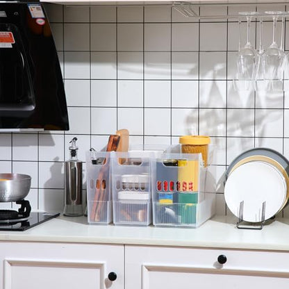 Qunclay 6 Plastic Freezer Organizer Bins with Wheel Set Clear Tall Narrow Kitchen Pantry Organizer Snack Storage Containers for Office Refrigerator(3 Sizes) - size: 10 x 13.3 x 3.5/5.5/6.7 inches