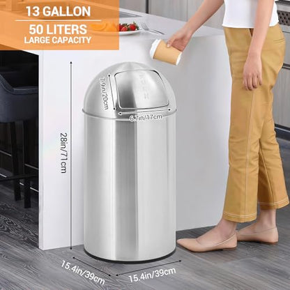 Heavy Duty Stainless Steel Public Trash Can – 13 Gallon (50l), Push Lid & Removable Inner Metal Bucket, Fingerprint-Proof, Durable Cylindrical Bin for Commercial and Public Spaces