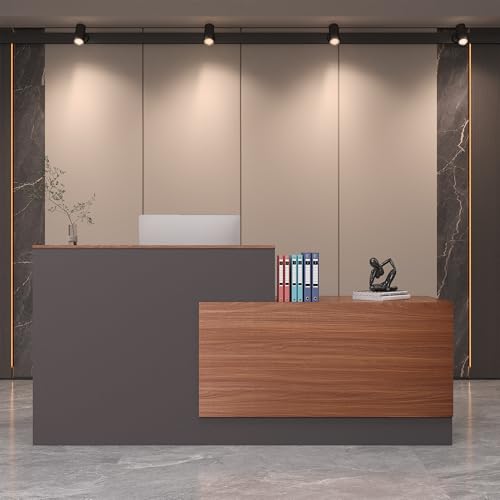 L-Shaped Reception Desk with Lockable Drawers, Adjustable File Cabinet & Keyboard Tray, Modern Front Counter for Office, Salon, or Lobby (Left-L Walnut/Slate Gray, 86.6''L x 23.6''W x 41.3''H) - color: Left-l Walnut/Slate Gray, size: 86.6''L x 23.6''W x 4