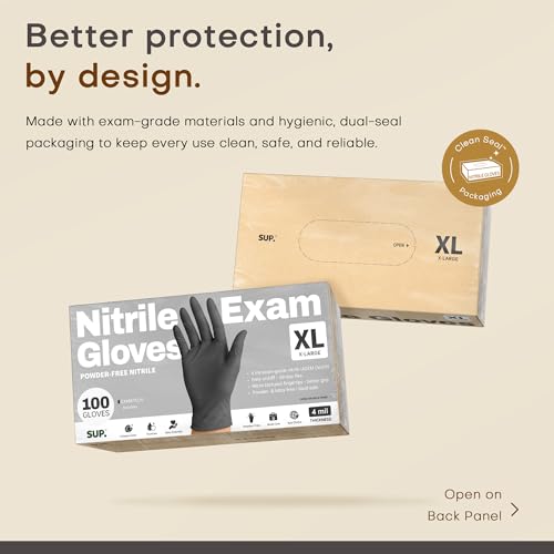 Nitrile+ SUP Exam Plus Gloves, Powder-Free Disposable, Black 100 Count - color: X-large (Iron Grey)