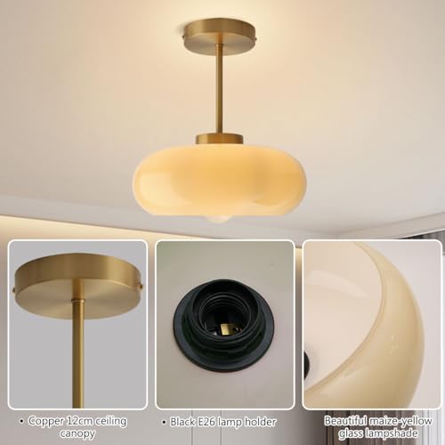 mid Century Ceiling Light Milk Glass Ceiling Light fixtures Glassshade Gold Modern Semi Flush Mount Ceiling Light, Globe Glass Ceiling Lamp Hallway Dining Room Kitchen - color: Milk Yellow