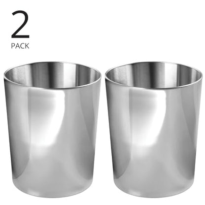 mDesign Round Metal Small 1.7 Gallon Recycle Trash Can Wastebasket, Garbage Container Bin for Bathrooms, Kitchen, Bedroom, Home Office - Durable Stainless Steel - Mirri Collection - 2 Pack - Polished