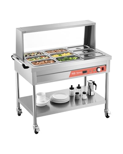 VEVOR 9-Pan Commercial Food Warmer, 9 x 1/3 Pans Electric Steam Table, 1500W Professional Buffet Catering Food Warmer with Shield Undershelf Wheels, Stainless Steel Server for Party Restaurant - size: 9-Pan