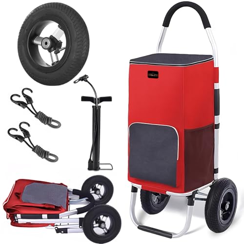 Premium Foldable Grocery Shopping Cart | Tall & Durable | Smooth-Rolling Wheels | All-Terrain (Red and Charcoal, 22cm Inflatble Rubber Wheels, Inflating Rubber Wheels with Insulation Bags) - color: Red and Charcoal, size: 22cm Inflatble Rubber Wheels