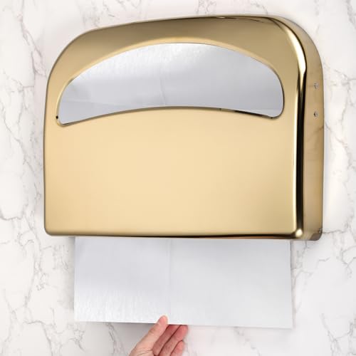 Domensi 2 Pcs Stainless Steel Toilet Seat Cover Dispenser Commercial Toilet Seat Wall Mount Half Fold Cover Holder with Screws for Office Restaurant Home Bathroom School, 16.4 Inch (Gold) - color: Gold