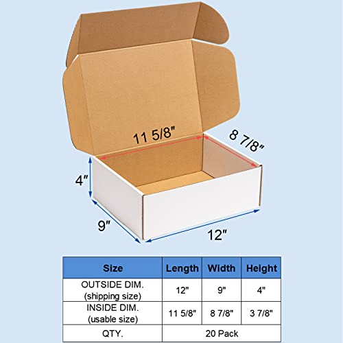Wowxyz Shipping Boxes 12x9x4 Inches 20 Pack Corrugated Cardboard Mailing Boxes for Small Business - Medium White Literature Mailer Packaging Supplies - size: 12x9x4"