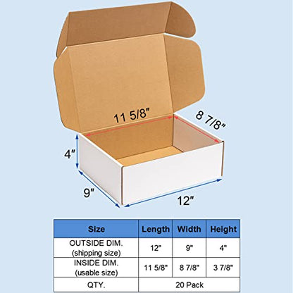 Wowxyz Shipping Boxes 12x9x4 Inches 20 Pack Corrugated Cardboard Mailing Boxes for Small Business - Medium White Literature Mailer Packaging Supplies - size: 12x9x4"