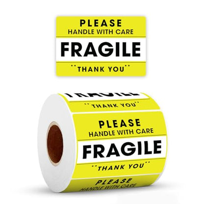 StickerJet Fragile Handle with Care Stickers Roll – (500 Labels, 2"x3") Bright Shipping and Packaging Labels with Strong Adhesive (Yellow) - size: 2"x3"