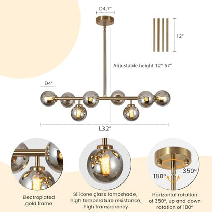 Sputnik Chandelier Gold Pendant Linear Light Modern Mid Century Light Fixture Grey Globe Shade for Dining Living Room Kitchen Island 8-Light - color: Grey-31in