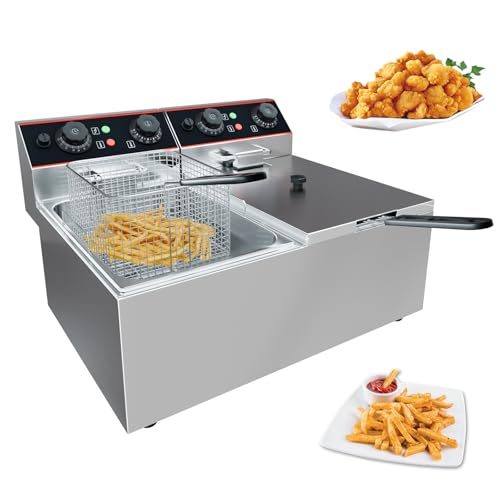 Commercial Deep Fryer with Basket, 12L Electricity Countertop Fryer Stainless Steel, 1800W Professional Food Fryer with Thermostat for Restaurant & Home, Large Capacity 12.7QT Oil Fryer, 120V - size: 6L double cylinder double screen