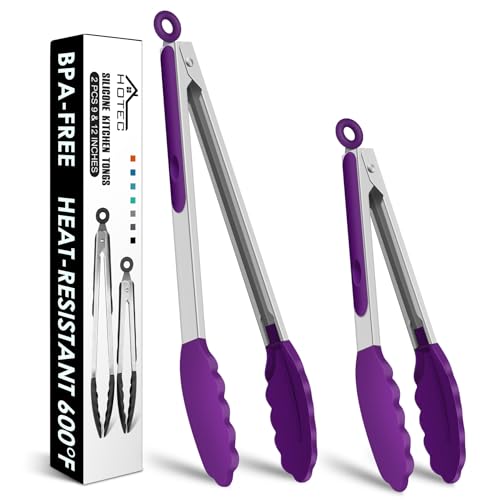 HOTEC Stainless Steel Kitchen Tongs with Silicone Tips, Set of 2-9" and 12" - color: Purple:12+9inch