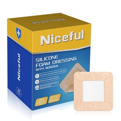Niceful Silicone Foam Dressing Gentle Border 2"x2" 20 Count, Extra Hold - size: 2x2 Inch (20 Pcs)