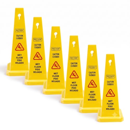 MATTHEW CLEANING 6 Packs 26” Caution Wet Floor Safety Cones for Indoors and Outdoors,Bright Yellow Caution Wet Floor Sign,4-Sided Bilingual Signs,Avoid Fall & Slip Accident - color: Bright Yellow, size: 26''x11'' 6Pack