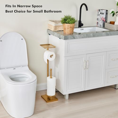 Toilet Paper Holder with Tray At the Top, Heavy-Weighted Base No Wobbly, Freestanding Toilet Paper Rolls Stand, Hold Extra 3 Paper Rolls On the Base (Gold) - color: Gold