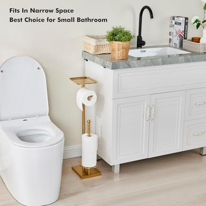 Toilet Paper Holder with Tray At the Top, Heavy-Weighted Base No Wobbly, Freestanding Toilet Paper Rolls Stand, Hold Extra 3 Paper Rolls On the Base (Gold) - color: Gold