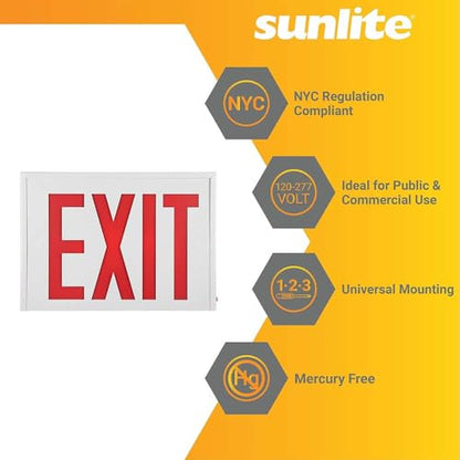 Sunlite 05276 LED Steel Exit Sign, White Housing with Bright Red Lettering, 90-Minute Battery Power Back-Up, Dual Voltage 120-277V, Ceiling or Wall Mount, Long Lasting, Fire Safety, NYC Compliant