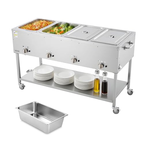 VEVOR 4-Pan Commercial Propane Steam Table, LP Gas Outdoor Soup Warmer with Drain Valve and 3" Wheels, Stainless Steel Propane Food Warmer with Independent Temp Control, for Restaurant Outdoor Camping - size: 4×1/1 Pan;96QT