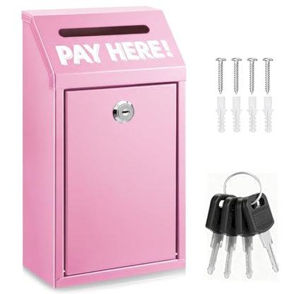 Cash Money Box with Slot – 10.2In Metal Donation Box with Lock for Cash Deposit,Wall Mounted Money Drop with Lock and Slot for Home/Farm/Office/Outdoors (Pink) - color: Pink