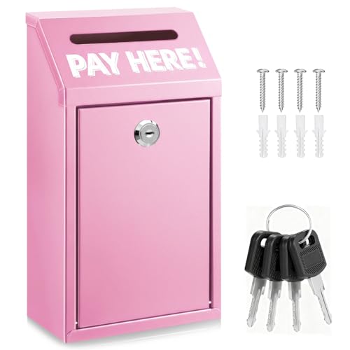 Cash Money Box with Slot – 10.2In Metal Donation Box with Lock for Cash Deposit,Wall Mounted Money Drop with Lock and Slot for Home/Farm/Office/Outdoors (Pink) - color: Pink