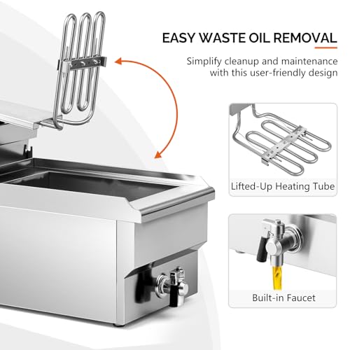 ROVSUN 12.5QT Electric Deep Fryer, 1700W Commercial Deep Fryer with Basket, Drain, 60-Min Timer, Overheat Protection, Temp Control & Baskets, Stainless Steel Countertop Fryer for Restaurant - size: Single Fryer with Timer & Drain-12.5QT