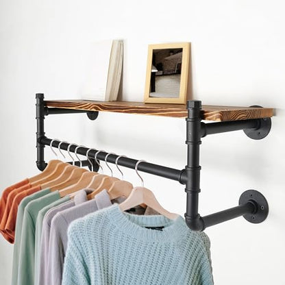WEBI Wall Mounted Clothes Rack with Shelf,24" Industrial Pipe Clothing Rack with Shelves,Heavy Duty Iron Garment Bar,Retail Display Clothes Rod for Laundry Room,Black - color: Black, size: 24 Inch