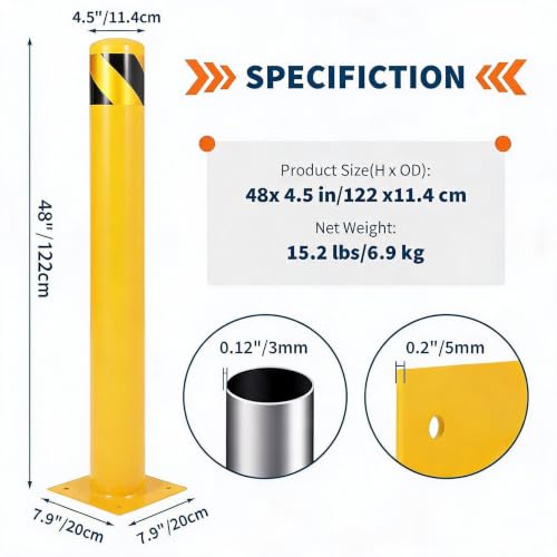 Safety Bollard Traffic Bollard 48 Inch Height Bollard Post, 4.5 Inch Diameter Q235 Steel Bollard Post, 2 Pack Heavy Duty Steel Safety Post for Driveway Parking Lot Garage Traffic Control - size: 48"*4.5"- 2 Pack