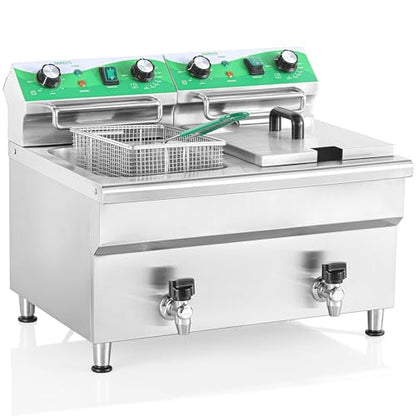 NUPANT 24L/25.4QT Commercial Deep Fryer with 2 Baskets and Lids, 110V Electric Fryer with Oil Filtration and Timer, Stainless Steel Large Double Tank Fryer Countertop Deep Fryer for Restaurant 3500W - size: 24L