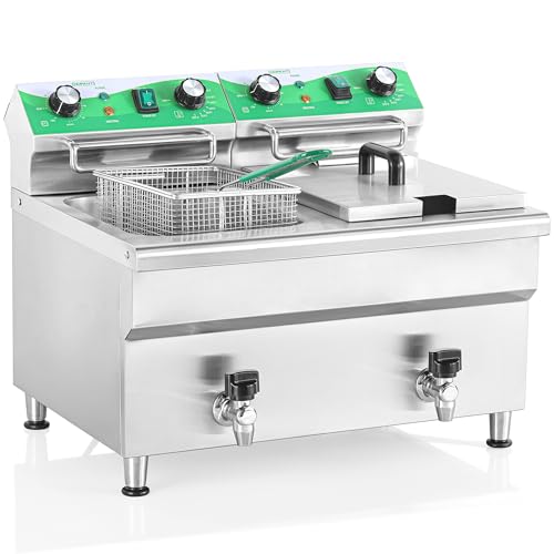 NUPANT 24L/25.4QT Commercial Deep Fryer with 2 Baskets and Lids, 110V Electric Fryer with Oil Filtration and Timer, Stainless Steel Large Double Tank Fryer Countertop Deep Fryer for Restaurant 3500W - size: 24L