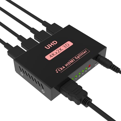 Sprolink LK5-H104 HDMI Splitter 1x4 Powered w/AC Adapter, 4K@30Hz 3D Full HD 1 in 4 Out Distributor for Fire TV Stick, PS5, HDTV, Xbox, Gaming Monitor