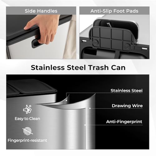 Goplus Dual Trash Can, 16 Gallon/ (2x30L) Double Trash and Recycling Bin Combo for Kitchen, Stainless Steel Garbage Can with 2 Removable Inner Buckets, Soft Closure & Step-on Pedal - color: Silver, size: 16 Gallon
