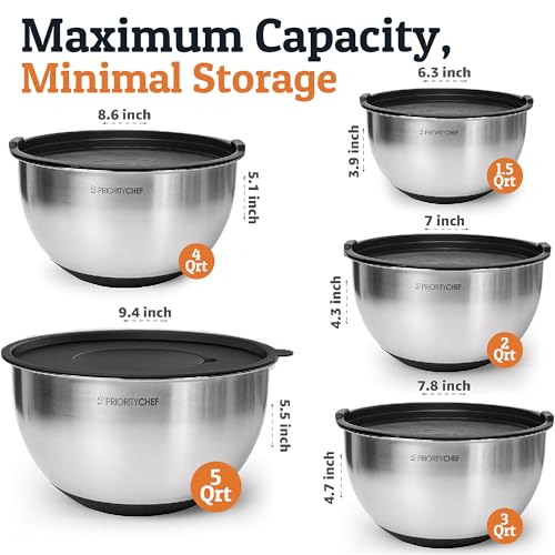 Priority Chef Stainless Steel Mixing Bowls with Lids Set, 3 Grater Attachments, Airtight Lids, Non-Slip Silicone Base Mixing Bowl Set, Large Prep Metal Mixing Bowls for Kitchen, Black - color: Black