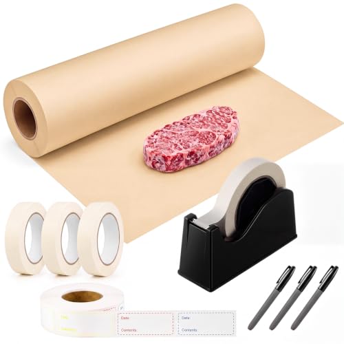 Resurhang Freezer Paper Roll 17in x 300ft, Freezer Tape Dispenser with 3 Rolls Tape, Food Labels, Markers, Low Temperature Resistance for Refrigerators Food Storage Organization(Brown) - color: Brown