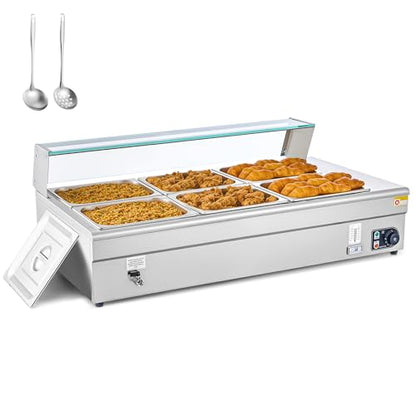 WILPREP 6-Pan Commercial Food Warmer with Sneeze Guard, Six 1/2 Pans, 1500W Countertop Electric Warmer, 86-185°F Adjustable Temp Control, Stainless Steel Buffet Bain Marie - size: 1/2 pan*6