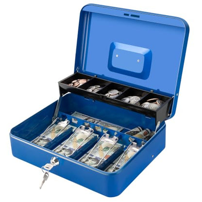 Jssmst Metal Cash Box with Money Tray and Lock, Portable Cash Drawer, 11.8" - color: Blue Key