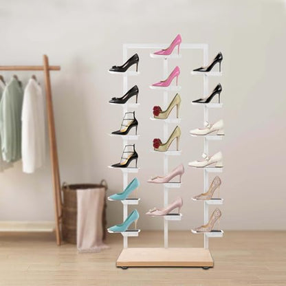 Commercial Clothing Store Shoe Rack Retail Store Shoe Display Shelf Free Standing Shoes Shelf Single Sided Shoes Racks 18 Compartments 24.25lbs Load Capacity (31.5 * 59.06in, White, Wood) - color: White, Wood