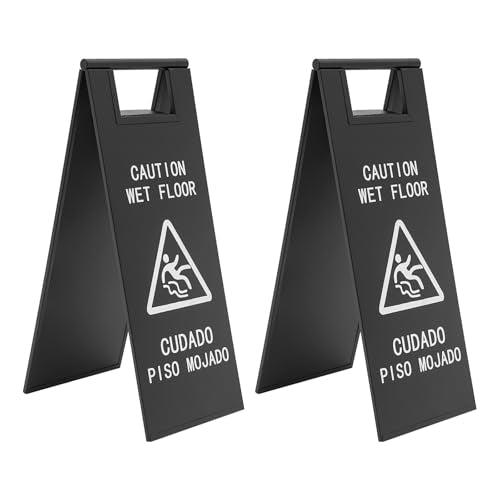 2Pcs Stainless Steel Wet Floor Sign, 23.6in Heavy Duty Caution Wet Floor Sign Portable Handle Bilingual Safety S1gn for Restaurant Supermarket Restroom Office (Black)