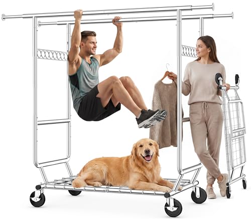 HOKEEPER Clothes Rack Heavy Duty Clothing Rack Load 650 LBS Collapsible Garment Rack with Wheels Double Rod Clothes Rack for Hanging Clothes Commercial Portable Closet Rack with Shelves 22"D*75"W*68"H - color: Chrome