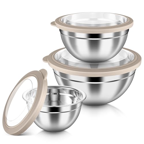 HaWare Mixing Bowls with Clear Airtight Lids, Stainless Steel Nesting Bowls - color: Khaki, size: Visible Airtight Lids