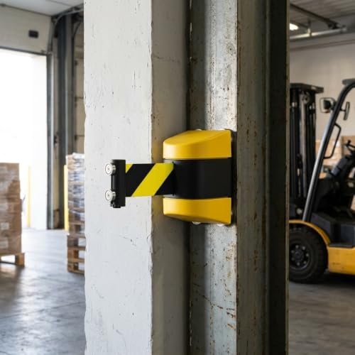 QWORK 2 Pack Magnetic Wall Mount Retractable Belt Barrier 15ft Yellow ABS Case – Heavy Duty Safety Line for Warehouse Aisles, Loading Bays & Hallways – Retractable Crowd Control Barrier