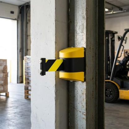 QWORK 2 Pack Magnetic Wall Mount Retractable Belt Barrier 15ft Yellow ABS Case – Heavy Duty Safety Line for Warehouse Aisles, Loading Bays & Hallways – Retractable Crowd Control Barrier