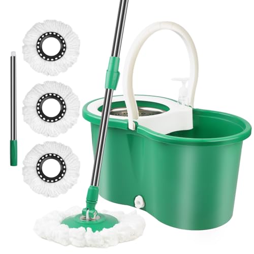Spin Mop and Bucket with Wringer Set, 360°Spin Mop & Bucket Floor Cleaning System Mop Bucket with Adjustable Extended Handle 3 Microfiber Replacement Head Refills, Green - color: Green