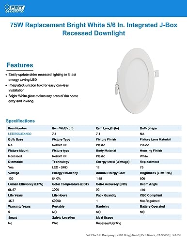 Feit Electric 5/6in LED Canless Recessed Downlight, 75W Eq, - style: 5/6 Inch