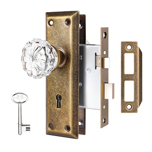 Mortise Lock Set Interior Door, Crystal Glass Door Knobs with Lock and Skeleton Key, Old Door Knob Replacement, Vintage Antique Door Handle, Vintage Brass Finish - color: Vintage Brass, size: Mortise(1 Pack)