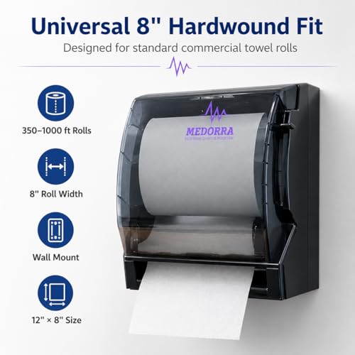 8 Inch Hardwound Paper Towel Dispenser, Wall Mount Commercial Roll Towel Holder, Touch-Free Paper Towel Dispenser for Restrooms, Bathrooms, Kitchens & Offices, Fits 350-1000 ft Rolls