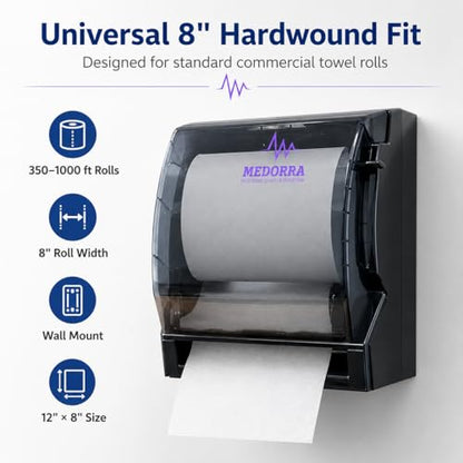 8 Inch Hardwound Paper Towel Dispenser, Wall Mount Commercial Roll Towel Holder, Touch-Free Paper Towel Dispenser for Restrooms, Bathrooms, Kitchens & Offices, Fits 350-1000 ft Rolls