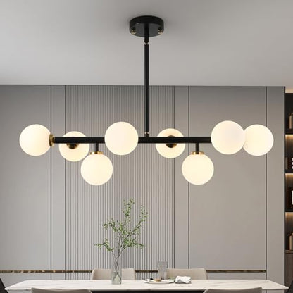 Sputnik Black and Gold Chandelier Pendant Linear Light Modern Mid Century Light Fixture White Globe Shade for Dining Living Room Kitchen Island 8-Light - color: BlackGold-31in